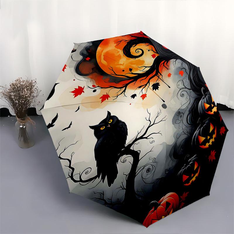 1pc Halloween Jack-o'-Lanterns & Black Owl Automatic Opening Folding Umbrella, 8 Rib Iron Frame Outdoor Umbrella for Festival Gifts, Travel, Daily Use