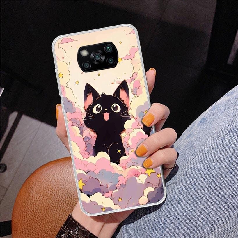 Anime Cute Black Cat Meow Phone Case For Xiaomi Poco X7 X6 X5 Pro F7 Ultra Redmi 15C 15 13C 13 12C 12 10 10A 10C 9 9A 9C 9T Cove