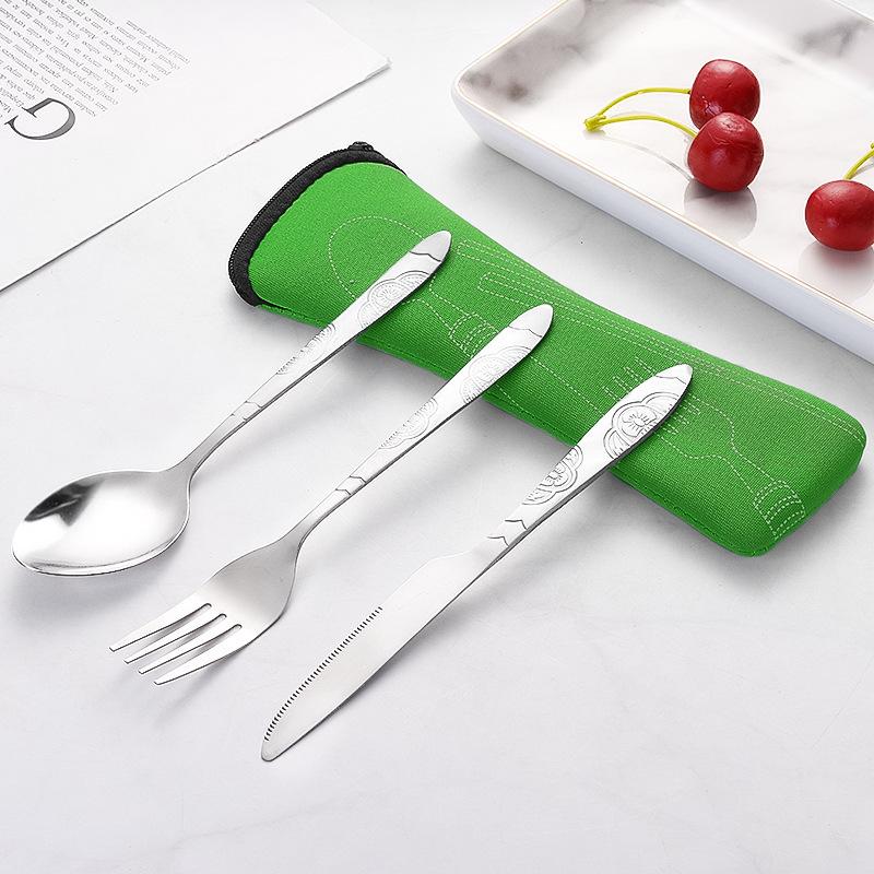 Portable Stainless Steel Western Cutlery Set: Knife, Fork, Spoon & Cloth Bag - Creative Three-Piece Gift Set