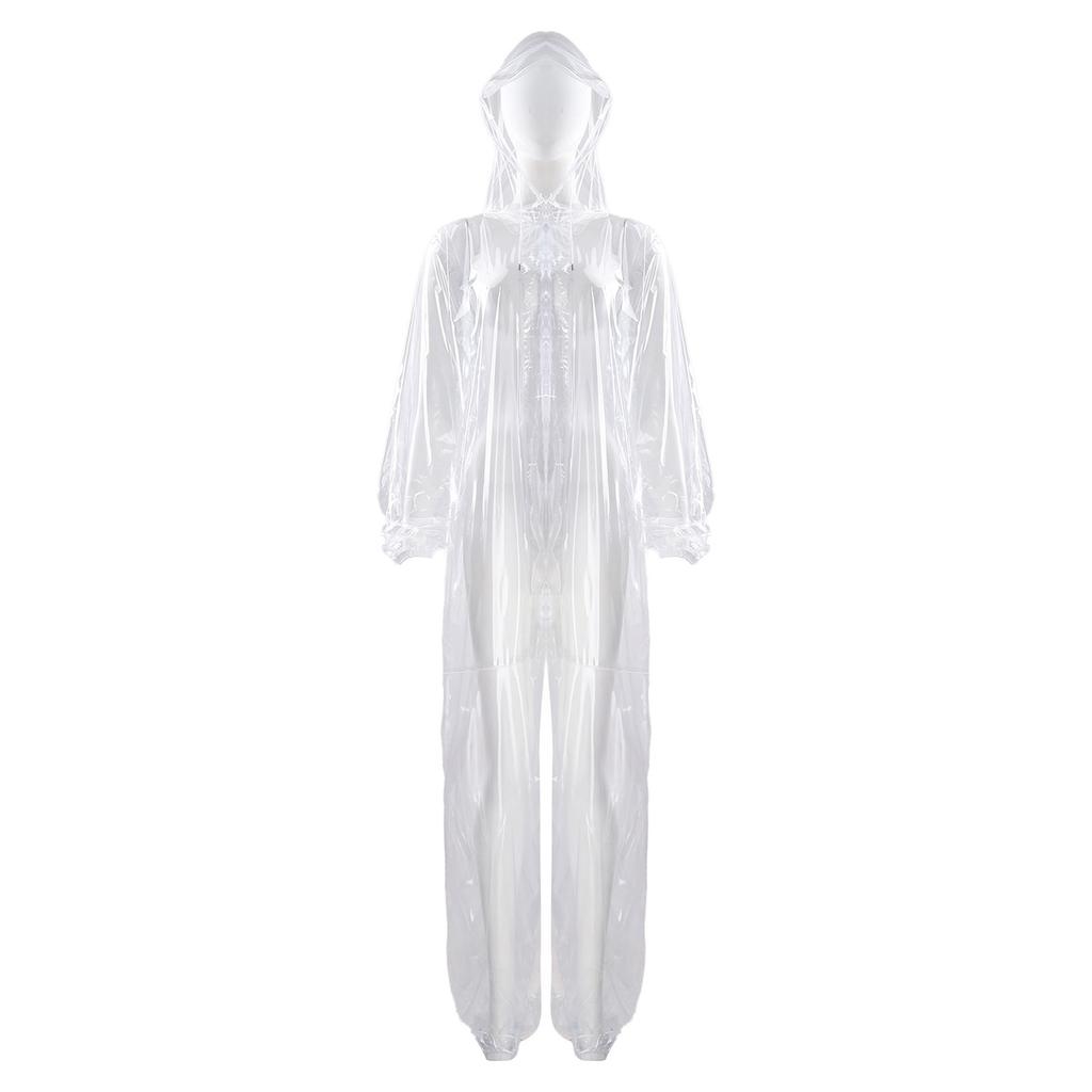 Unisex Full Body Hooded Raincoat Drawstring Hood Front Button Zipper One Piece Waterproof Jumpsuit Workwear
