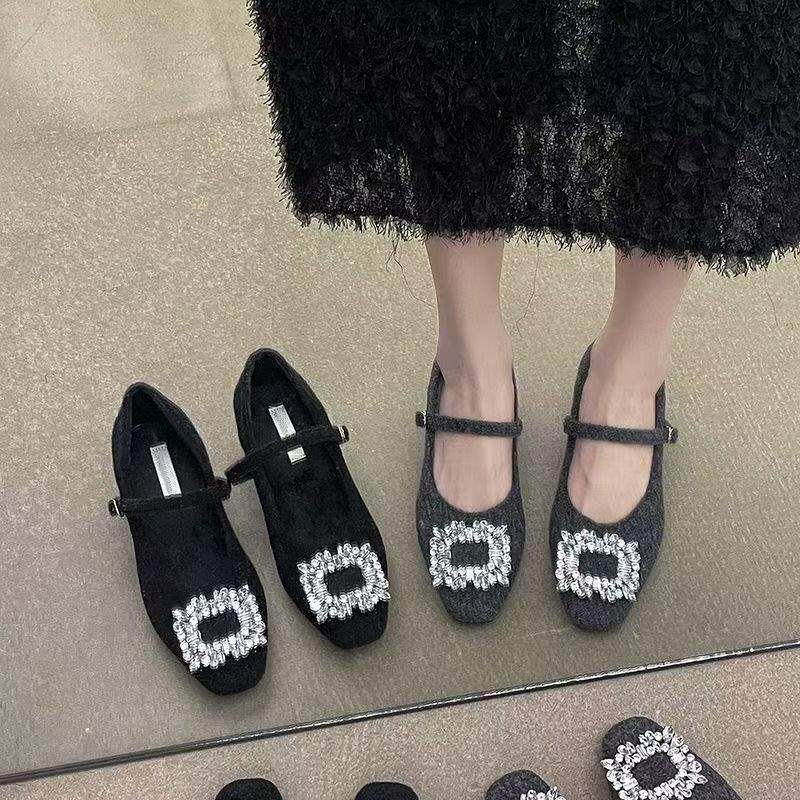 Inner Heightening Rhinestone Suede Black Single Shoes Women's Shoes with Skirts Plush Mary Jane Fluffy Shoes 2025 Autumn and Winter