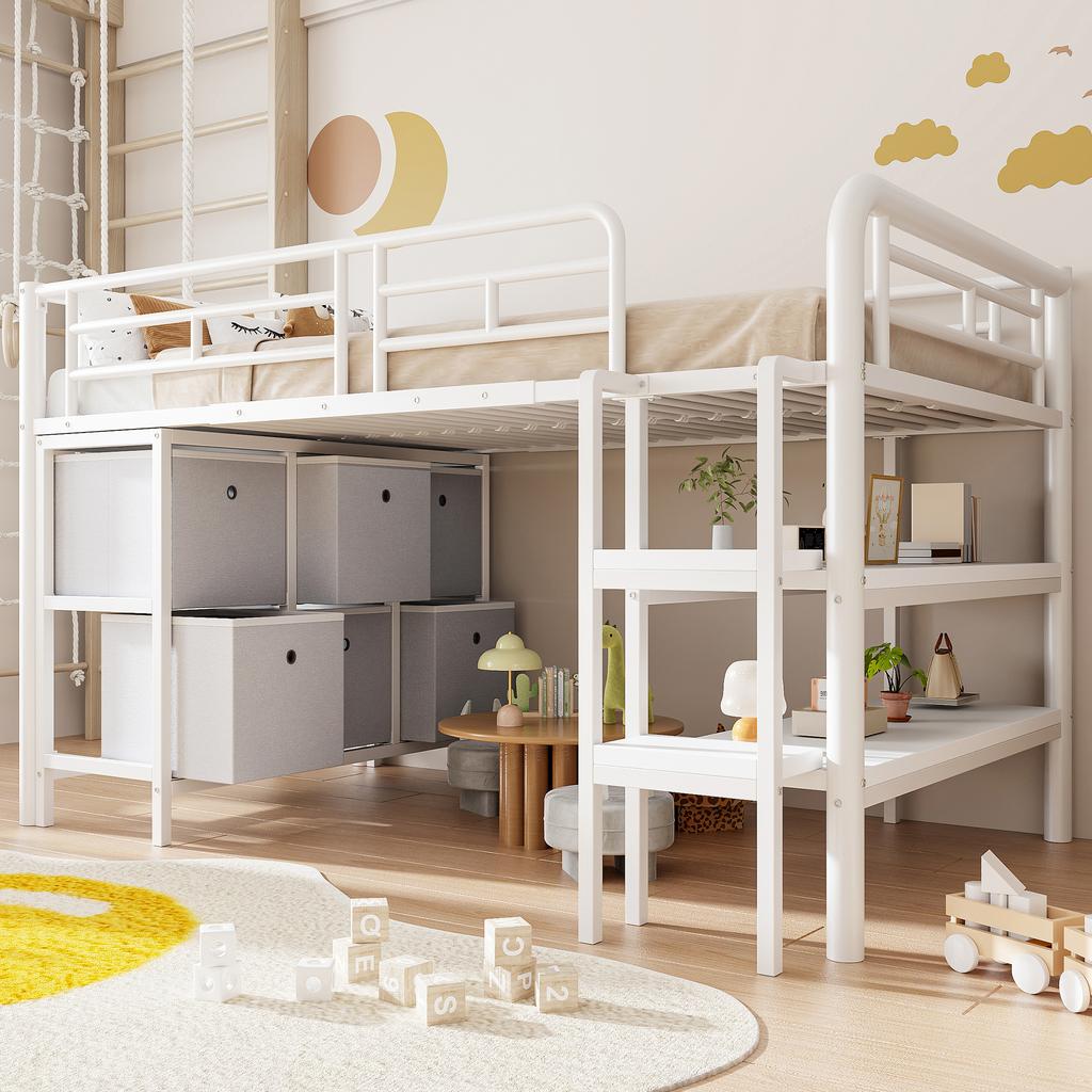 Children's bed 90x200 metal loft bed with storage, wide stairs, rounded corners, drawers and shelves for space-saving organization in the room, white