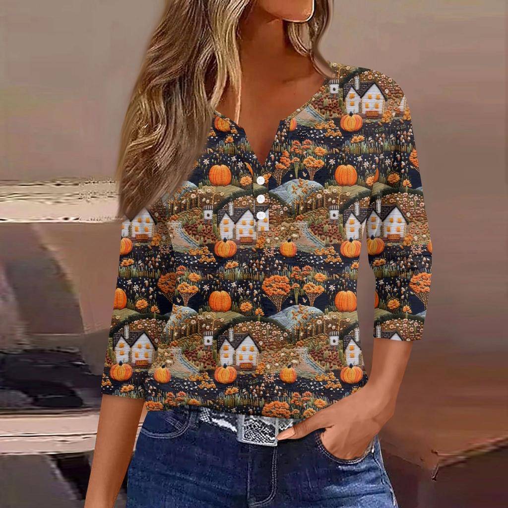 Damen T-Shirt mit Aufdruck, Knopfleiste, 3/4-Ärmel, modisch für den Alltag und das Wochenende, Basic, V-Ausschnitt, normales Oberteil