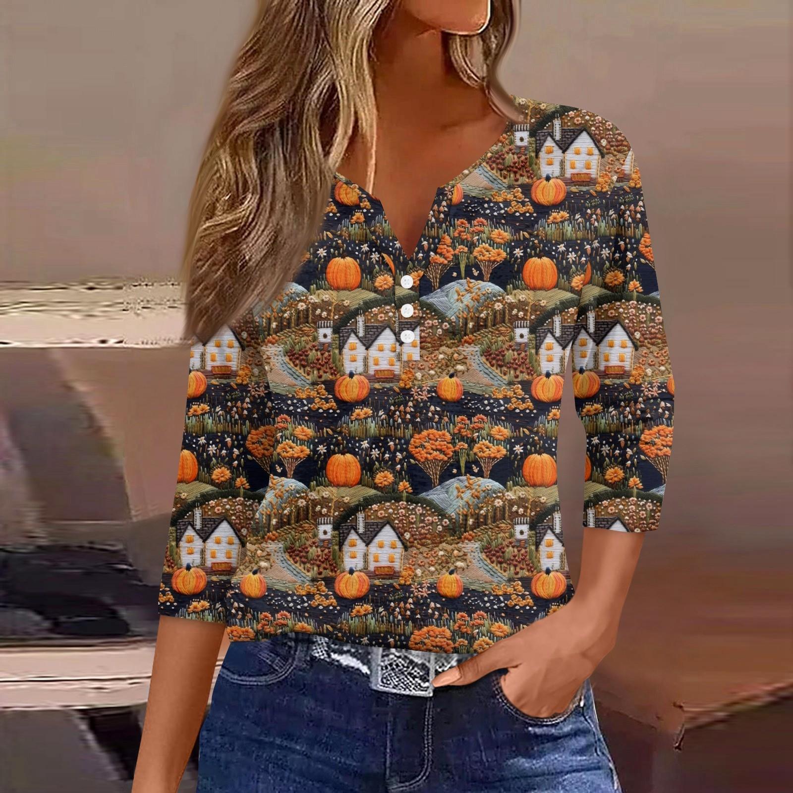 

Жен. Футболка Футболка С принтом Пуговицы Рукав 3/4Ежедневно Выходные Мода Классический Топ с v-образным вырезом Обычный XL