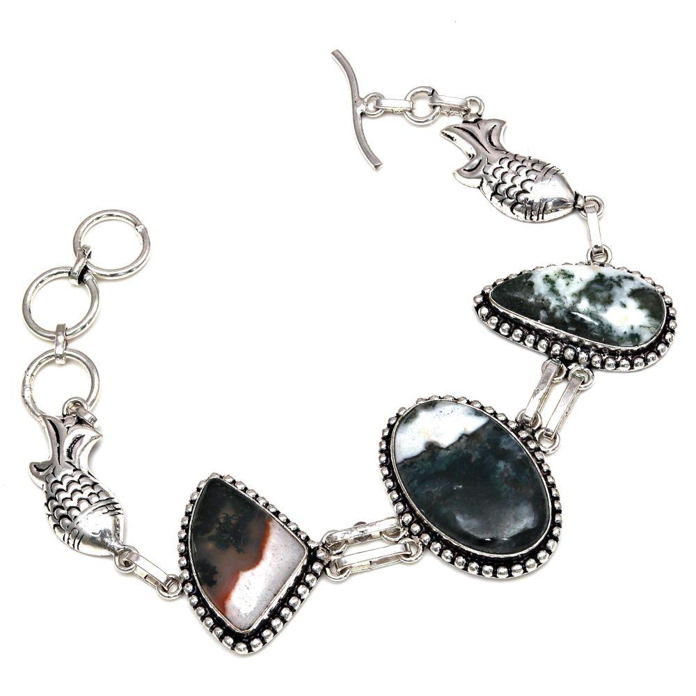 Moss Agate Gemstone Gift For Her Silver Jewelry Bracelets 7''Adjusable