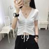 Slim Fit Women's V-Neck Cotton T-Shirt with Drawstring and Short Sleeves