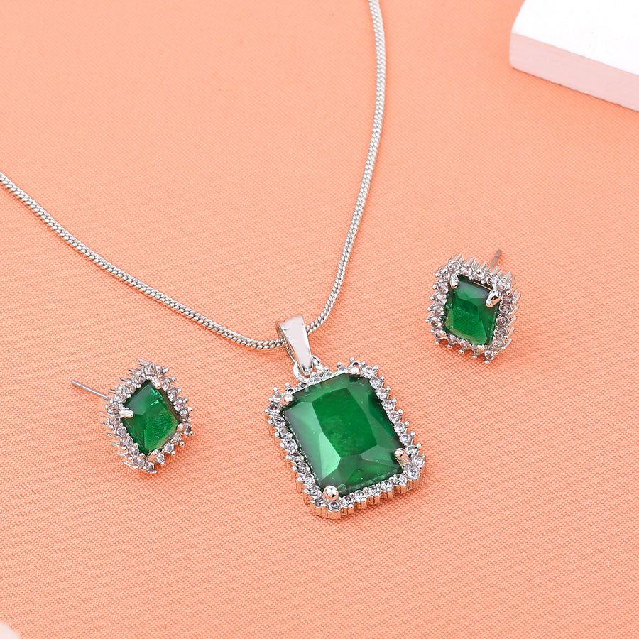 Estele Designer Square Pendant Set with Rhodium Plated CZ and Emerald Stone for Women
