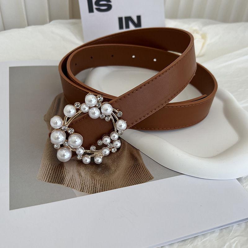Trendy Pearl Buckle Womens Belt Elegant Casual Soft Pu Leather For Outfit Every