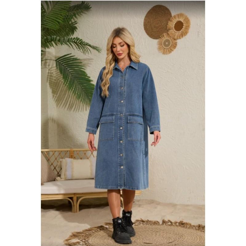 Womens Relaxed Fit Denim Shirt Dress With Single Breasted Vintage Chic Style Long Sleeve Mid-Length
