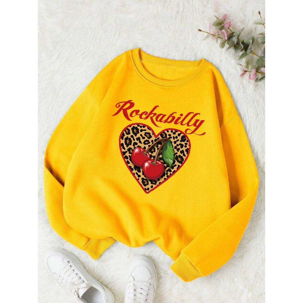 

Свитшот женский с принтами рокабилли вишни, леопардового сердца, с круглым вырезом, повседневная толстовка, теплый верх, зимняя женская одежда XL