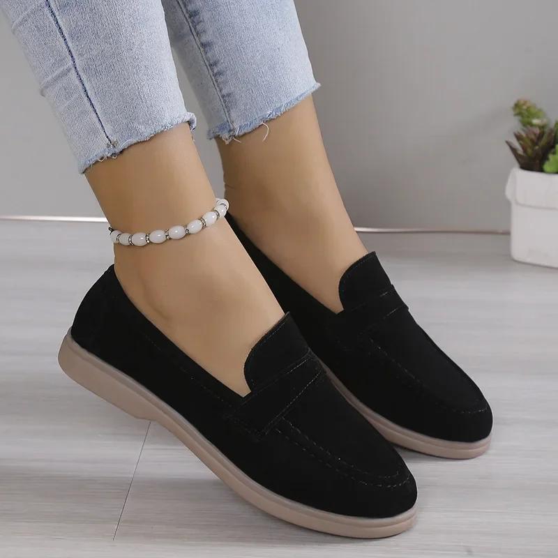 Fashion New Round Head Suede Flat Bottom Light Mouth Single Shoes, Women's Low-top Solid Color Lazy Loafers