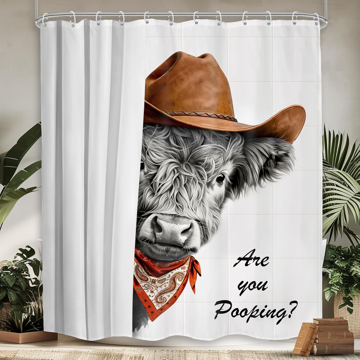 

Funny Western Highland Cow Shower Curtain, Cowboy Hat Farm Bull Waterproof Fabric Curtain W60H190(CM)-1 Pcs