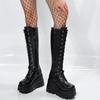 Fashion Winter High Heels Chain Chelsea Boots Platform Knee High Women Luxury Shoes Fashion New Trend Lace Up Wedges Zipper Boots
