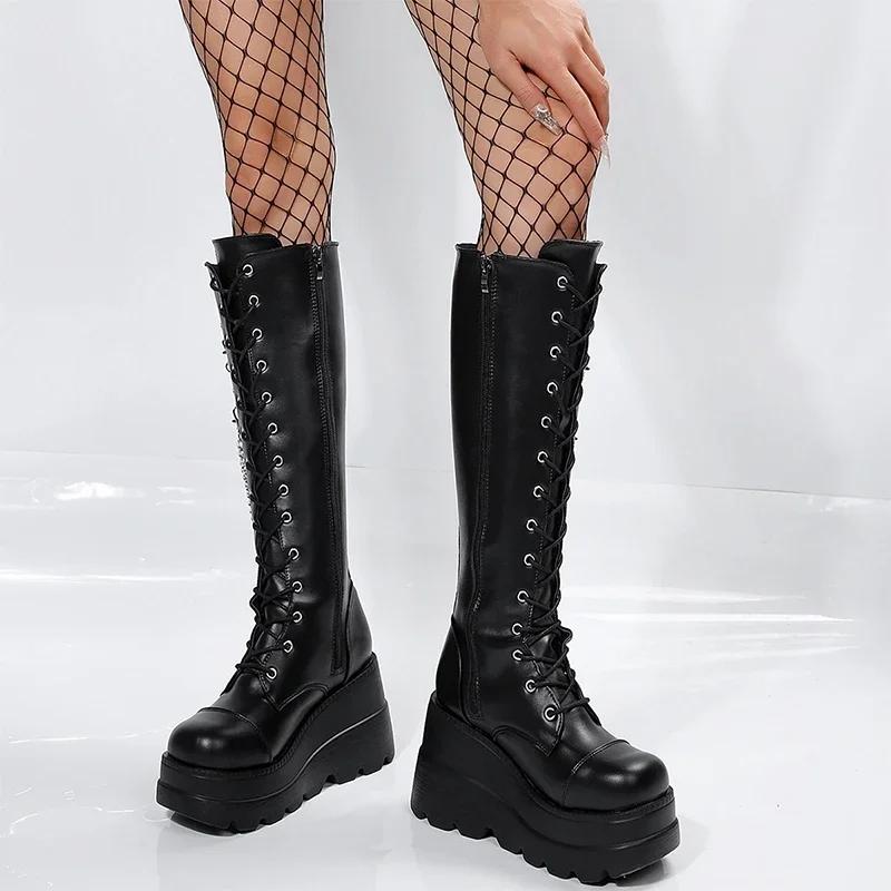 Fashion Winter High Heels Chain Chelsea Boots Platform Knee High Women Luxury Shoes Fashion New Trend Lace Up Wedges Zipper Boots