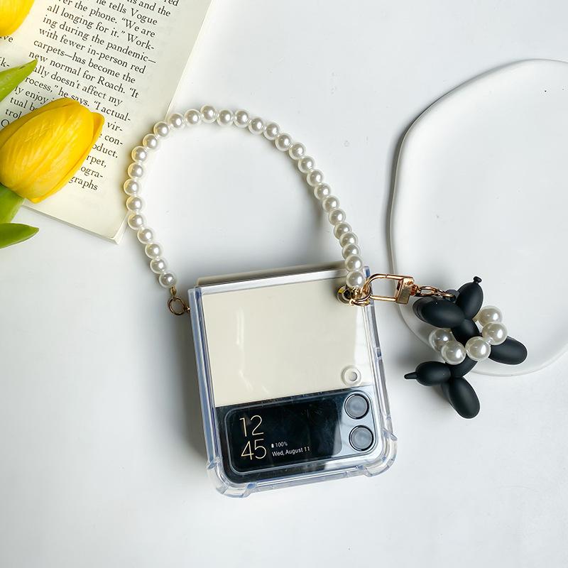 For Samsung ZFlip7 Folding Screen Anti-fall Airbag Mobile Phone Case Pearl Portable Transparent Pony Pendant Protective Cover