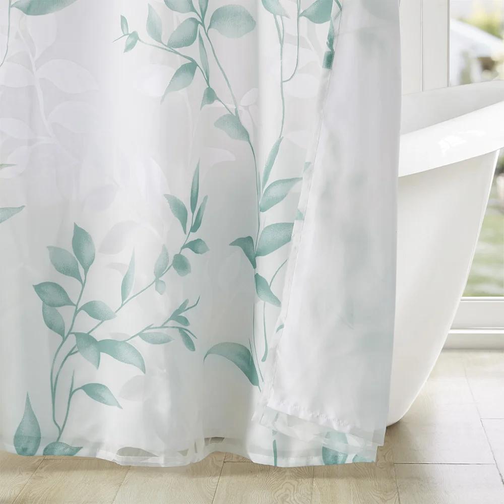 Elegant Green Leaf Shower Curtain for a Serene Bathroom, Featuring Delicate Branches and Leaves On a Soft White Background