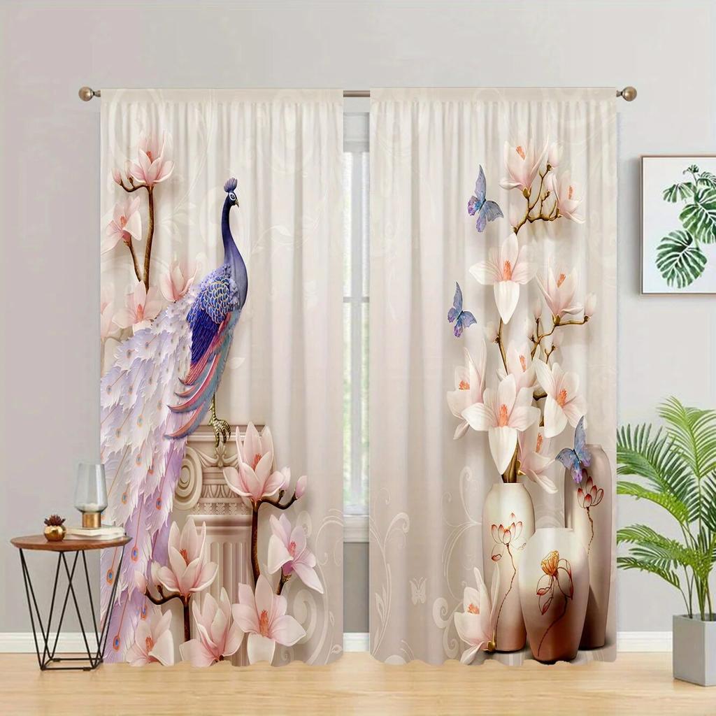 2pcs Elegant Peacock Pattern Curtains Polyester Rod Pocket For Living Room Bedroom Kitchen Study Stunning Background Decor