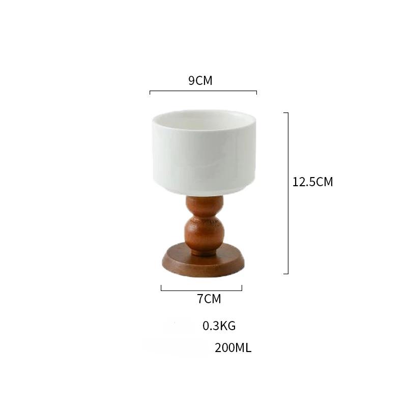 French Vintage Dessert Ice Cream Ceramic Goblet High-legged Retro Wooden Handle Tea Fruit Saucer Pudding Cup Candle Holder