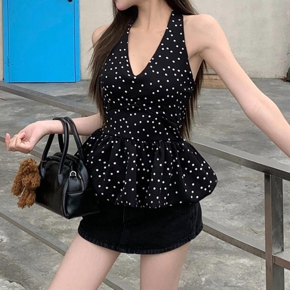 Y2k Halter Ruffle Vest Top Polka Dot Women Camisole Comfortable Sleeveless Crop Top Female