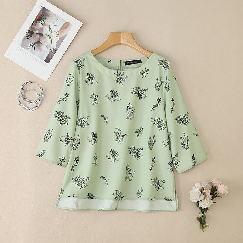 

ZANZEA Женская повседневная блузка с круглым вырезом, свободным рукавом 3/4 и принтом 5XL зелёный