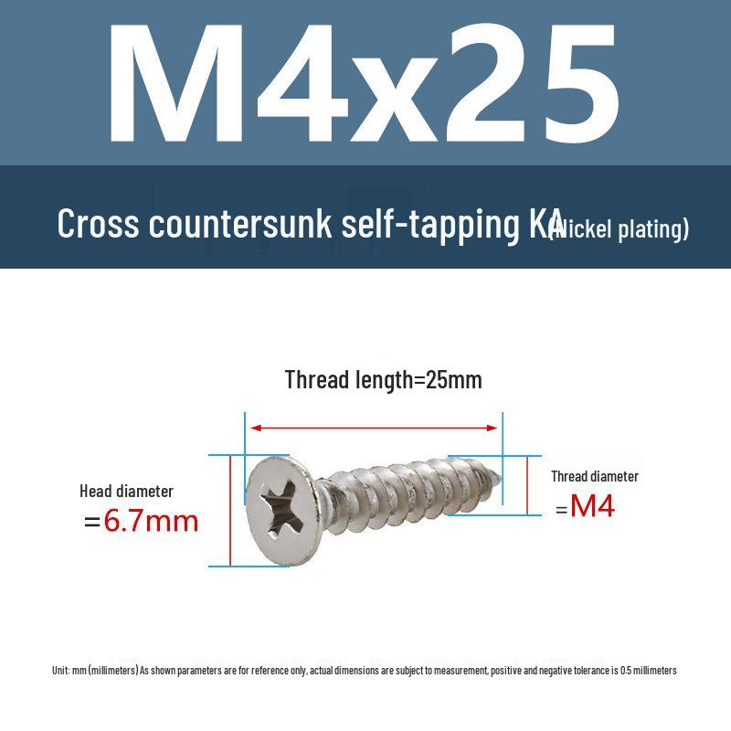 YiguYigu Nickel-Plated Phillips Flat Head Self-Tapping Screws M1-M5, Carbon Steel