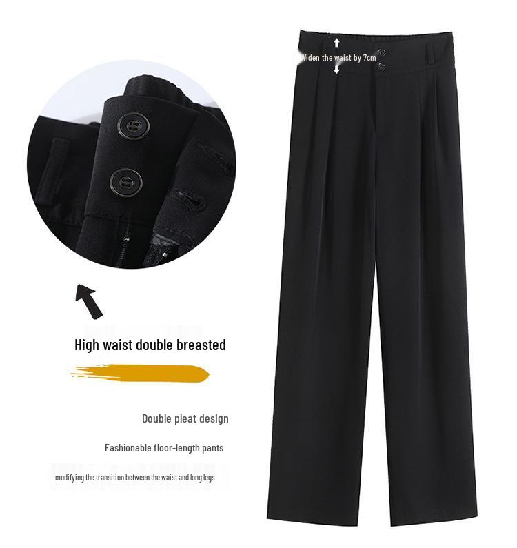 Pantaloni negri cu talie înaltă și picior larg pentru femei 2025: Subțiere, Drapat, Casual, Stil de primăvară/toamnă