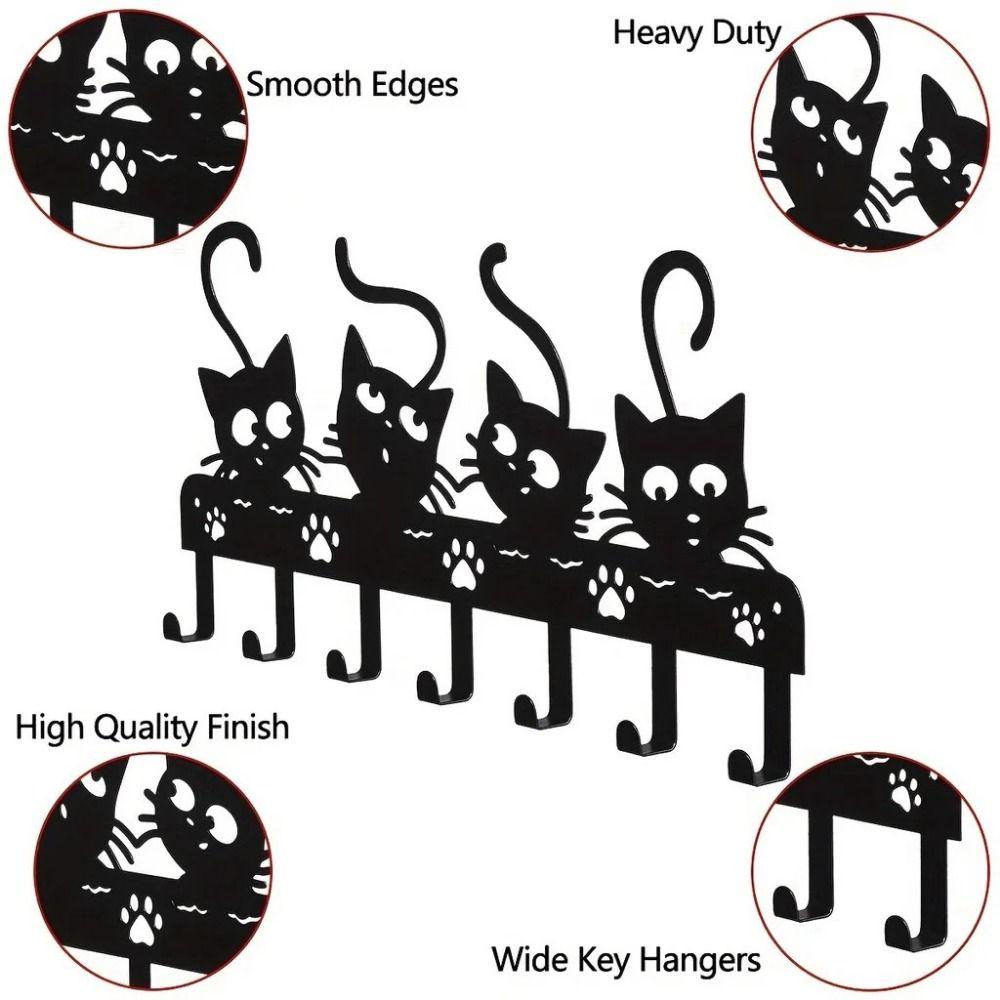 Stylish Nordic Black Cat Wall Hook Black Iron Cartoon Cat Coat Hook 7 Hooks Wall Hanging Clothes Storage Rack Hallway