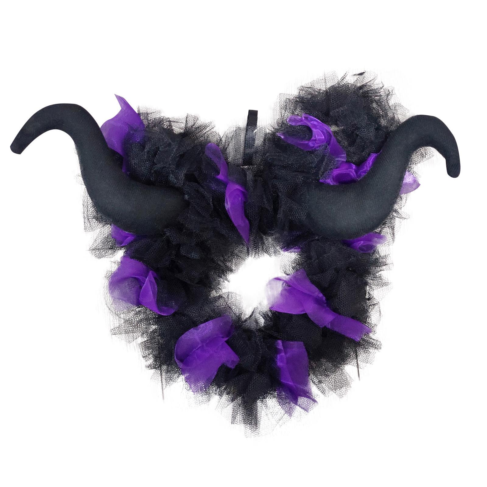

Halloween Black Purple Mesh Decoration Wreath LED Green Light Decoration Horn Funny Lintel Layout Pendant One Size