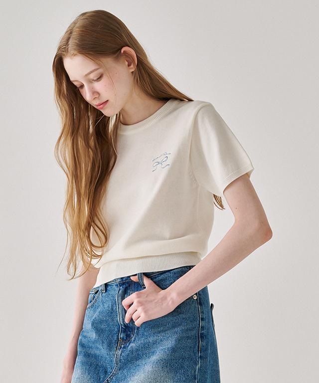 RONRON Heart Ribbon Jacquard Short Sleeve Knit Ivory Blue