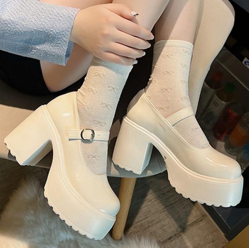 Luxury Chunky Pumps Women Single Shoe 2025 Autumn Pu Leather Ankle Buckle Mary Jane Shoes Woman Thick Heeled White Lolita Shoes