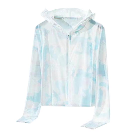 Kadın Güneş Koruyucu Mont Fermuarlı Açık Kapşonlu Yüz Boyun Koruması Buz İpek Anti-UV İnce Uzun Kollu Tie-dye Bisiklet Kamp Ceket