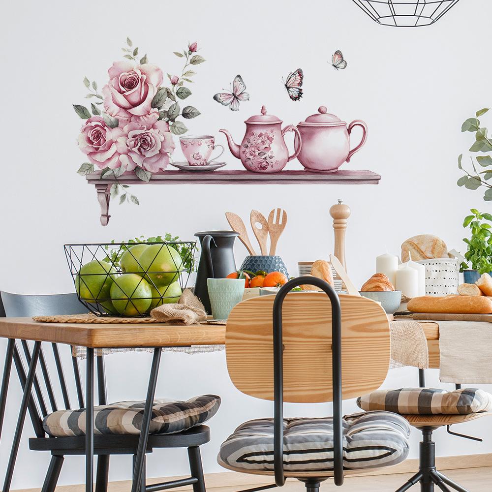 Watercolour Roses Tea Set Background Landscaping Decorative Wall Stickers