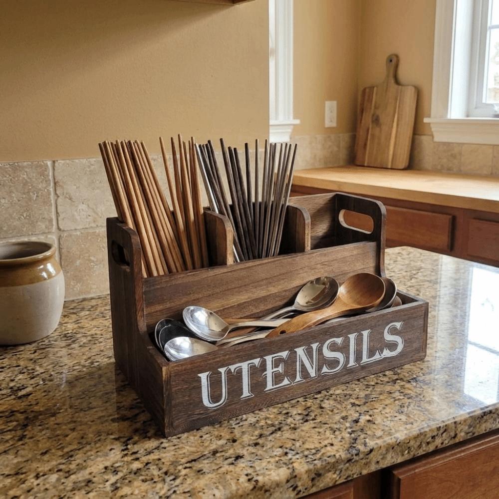 Wooden Spoon Fork Storage Box Space Saving Tableware Storage Rack Cutlery Storage Box  for Kitchen