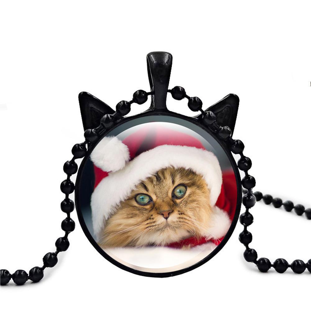 Women Girl Retro Jewelry Xmas Christmas Cat Pattern Glass Gemstone Pendant Necklace