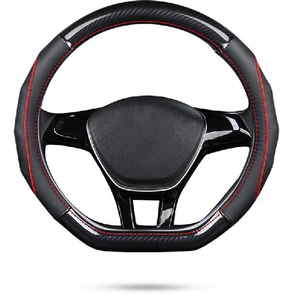 Ergocar Car Steering Wheel Cover Non-Slip Car Steering Wheel Protector Sport D-Shape Carbon Fiber & First Layer Cowhide Universal For Diameter