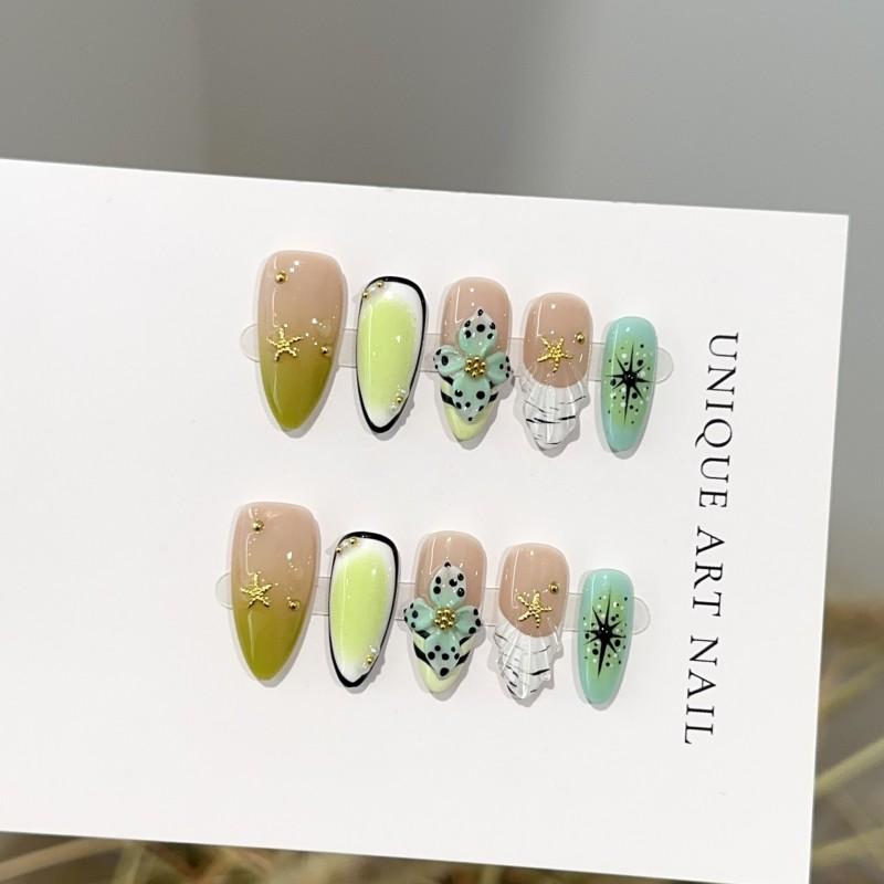 Handmade Press On Nails 3D Handcarved Almond Shape False Green