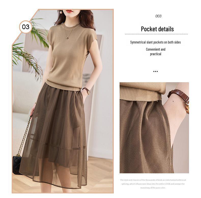 2024 Summer Women's Slim Organza Dress: Ice Silk Knit Waist Two-Piece Set