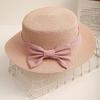 Beach Straw Hat Flat Top Wide Brim Sun Protection Hat with Striped Print Ribbon Bow Hand-Woven Breathable Summer Hat