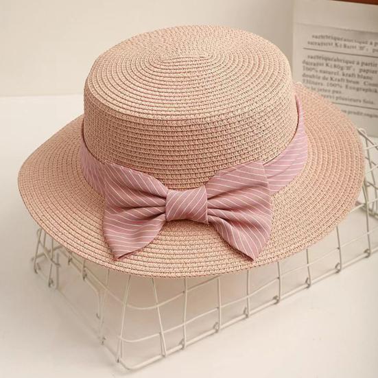 Beach Straw Hat Flat Top Wide Brim Sun Protection Hat with Striped Print Ribbon Bow Hand-Woven Breathable Summer Hat
