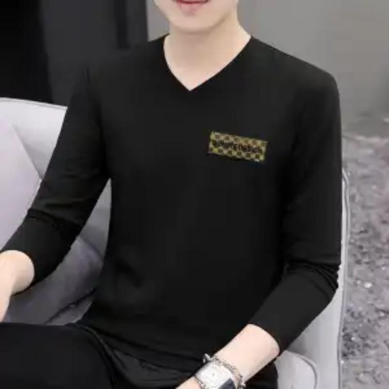 Spring New Pure Cotton Long-sleeved T-shirt Men's Slim V-neck Daily Casual Top