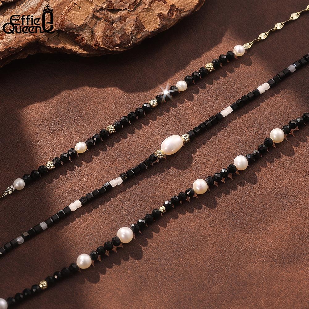 Effie Queen Fashion 2MM Black Spinel Gothic Women Bracelet Chain with Single Pearl 925 Sterling Silver Stone Jewelry Gift MPB21