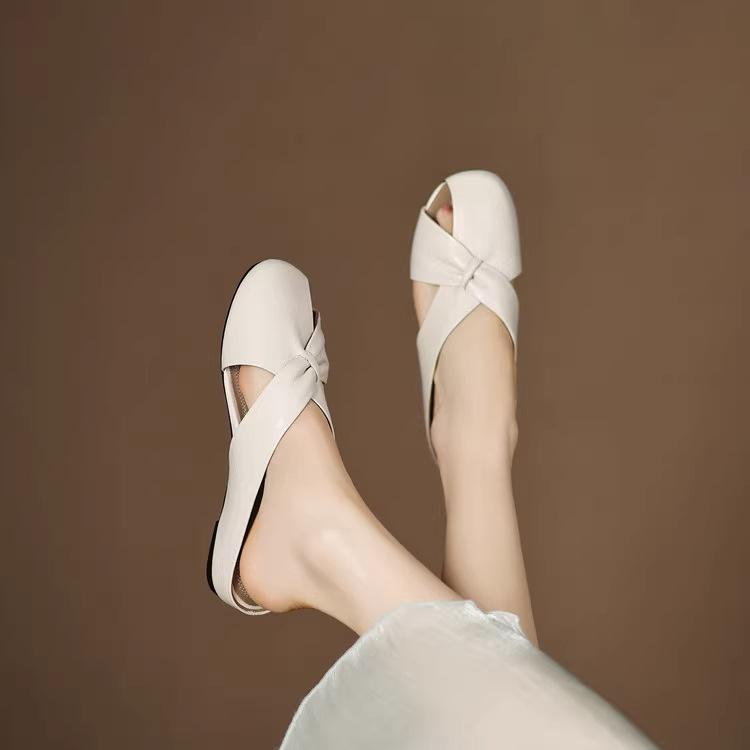 2025 new leather bag head cool slippers women's summer outer wear flat bottom inner height half drag middle heel casual muller leather drag