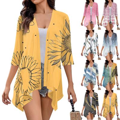 Women's  Print Irregular Three-quarter Sleeve Cardigan With Pocket Jacket
