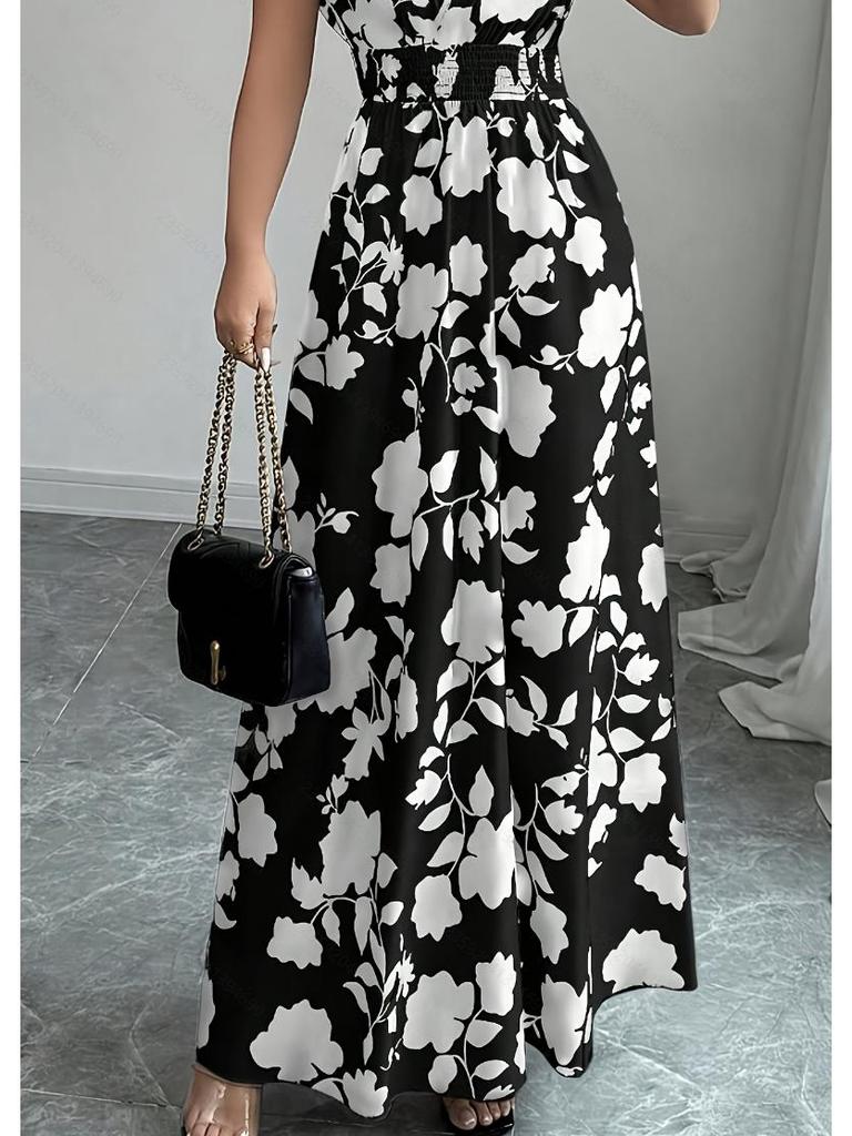 2025 Women's V-Neck Short Sleeve Tie-Up Dress with New Print - Spring/Summer Waist-Cinching Long Dress