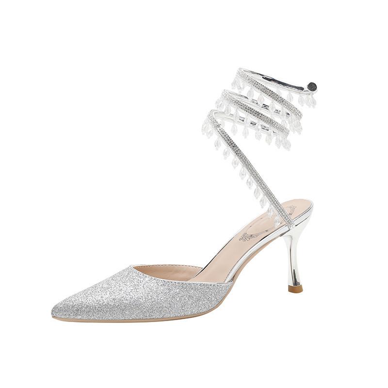 

Fashion Fashion Sequined Crystal Pendant Tassel Women Pumps Sexy Snake Coiled Thin High heels Slingbacks Sandals Summer Party Prom Shoes 40