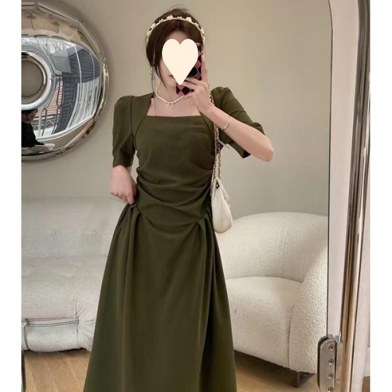 Temperament small black dress niche design waist thin square collar pure desire sweet and spicy dress women s summer S