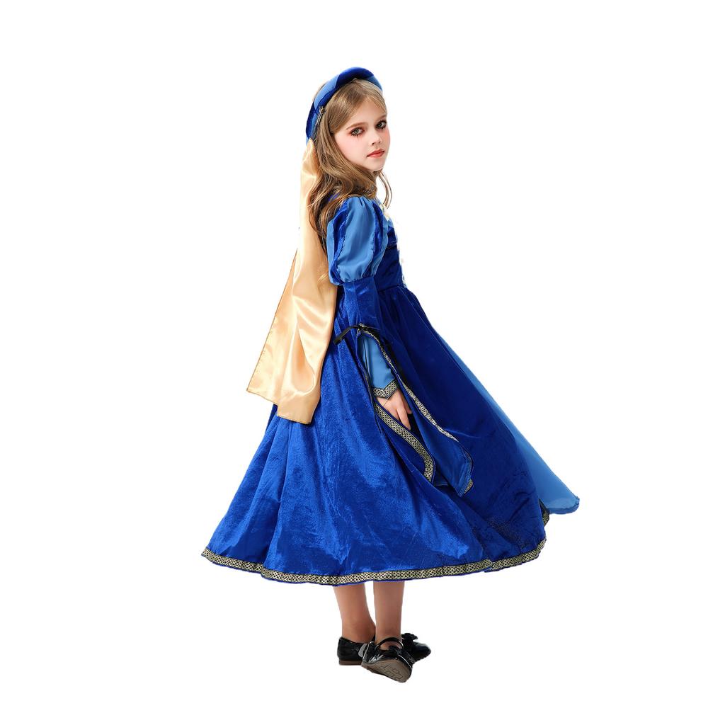Girls Renaissance Medieval Dress Costume, Blue Velvet, Lace, Headwear Included