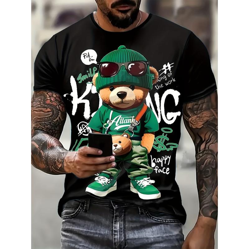 Men'S Novelty Crew Neck T-Shirt | Cute Cartoon Bear Digital Print, Smooth, Summer Casual Wear, Comfortable Short Sleeve, Machine Washable
