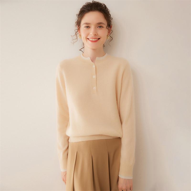 Lekasha Women's Cashmere Color Block Two-in-One Round Neck Long Sleeve Sweater