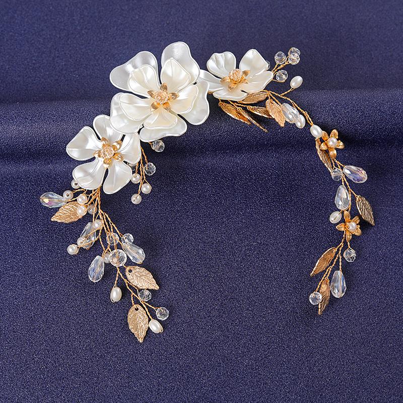 Gold Color Flower Leaf Hairband Tiara For Women Party Crystal Pearl Headband Bridal Wedding Hair Accessories Jewelry Comb Band
